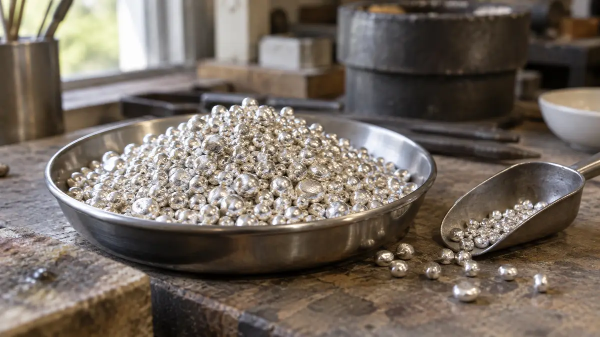 Illustrative image of silver casting grain on a workshop surface.