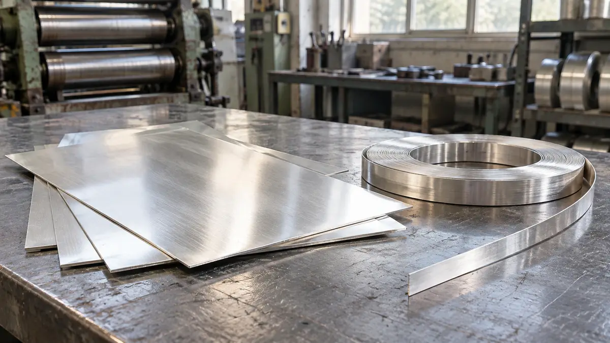 Illustrative image of silver sheet and strip on a workshop surface.