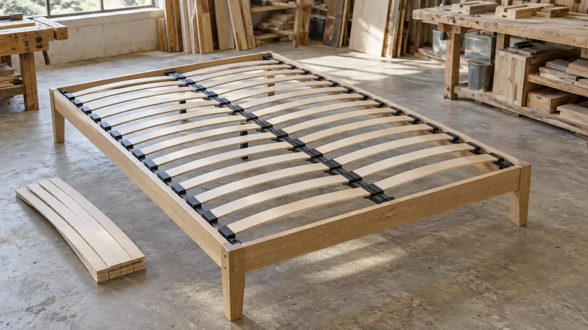 Illustrative image of slatted bed bases on a workshop surface.