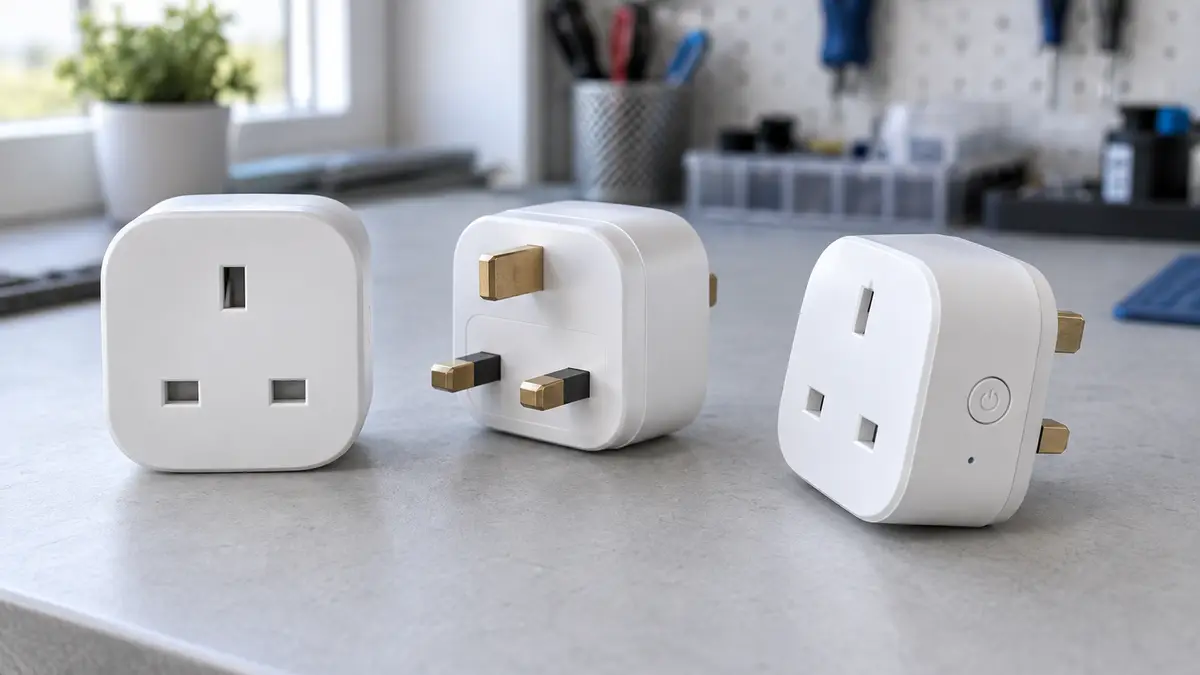 Illustrative image of smart plugs on a workshop surface.