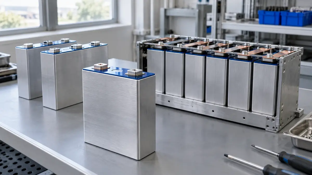 Illustrative image of sodium-ion batteries on a workshop surface.