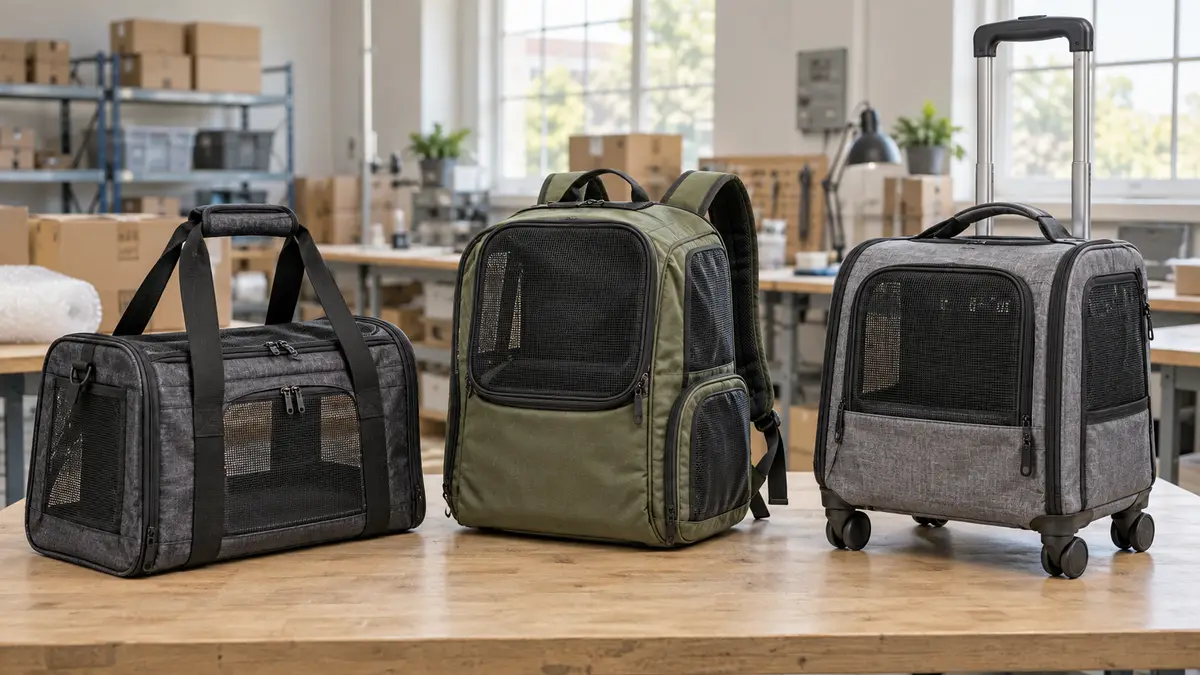 Illustrative image of Soft pet carrier duty: tote, backpack or trolley? on a workshop surface.