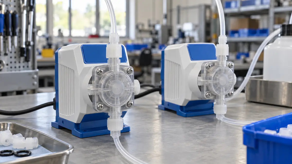 Illustrative image of solenoid metering pumps on a workshop surface.