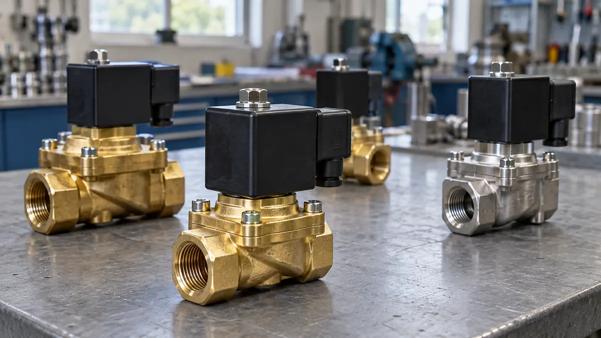 Illustrative image of solenoid valves on a workshop surface.