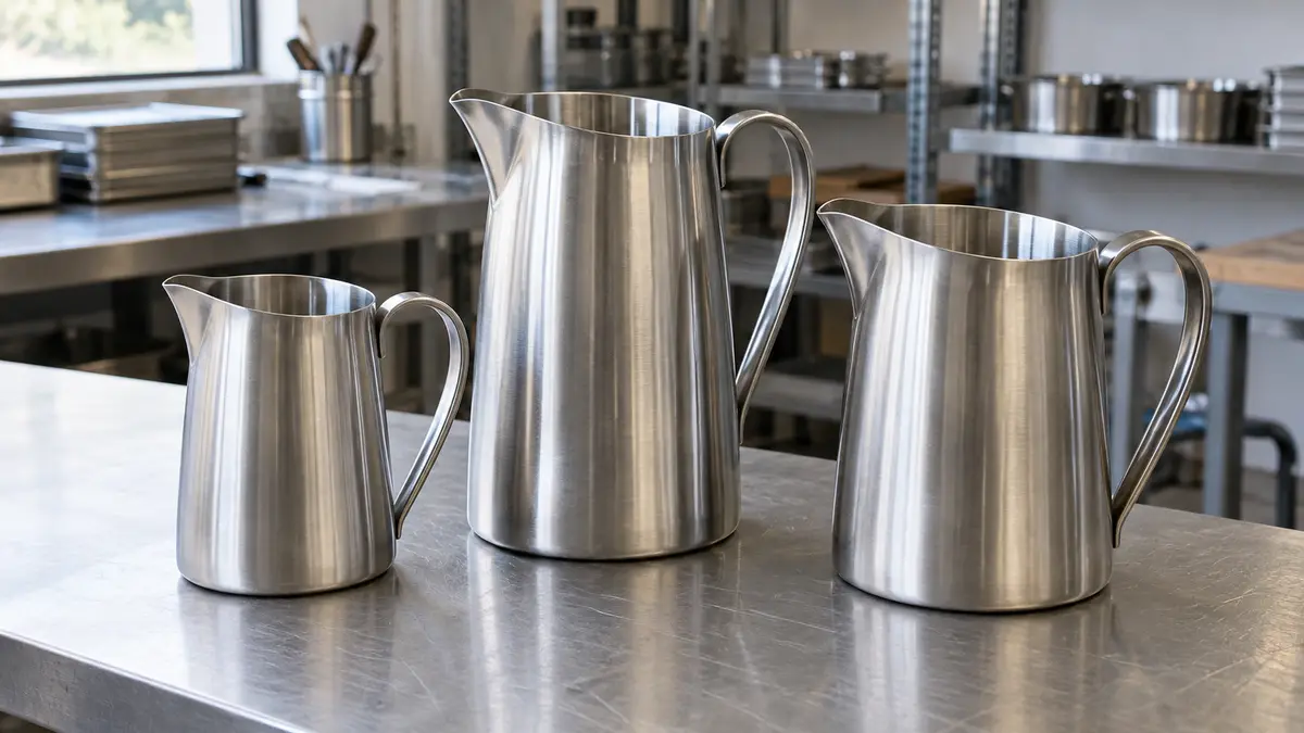 Illustrative image of steel beverage service jugs on a workshop surface.