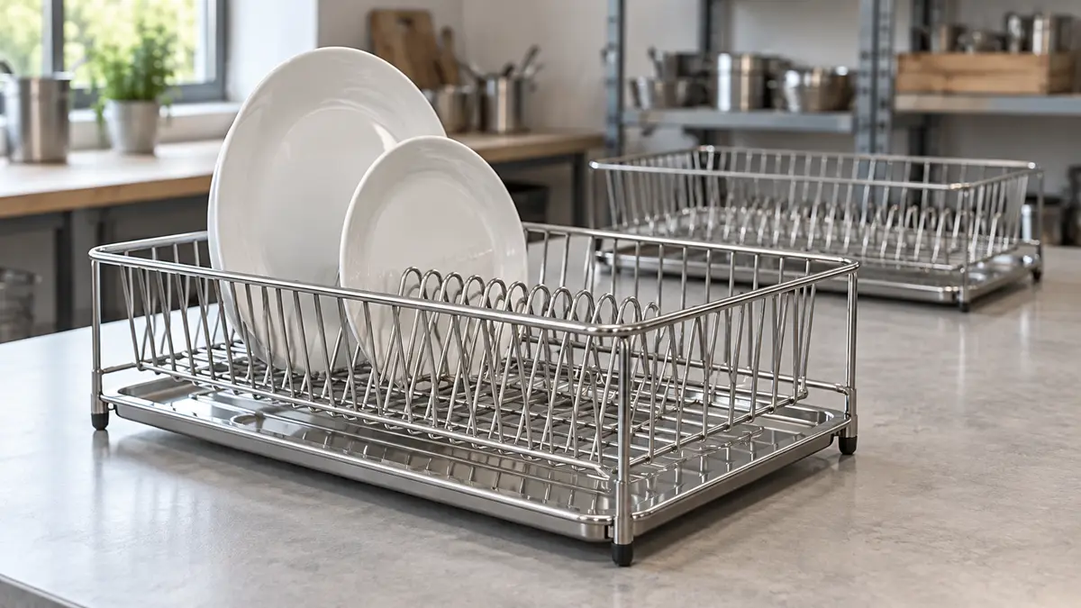 Illustrative image of stainless steel dish racks on a workshop surface.