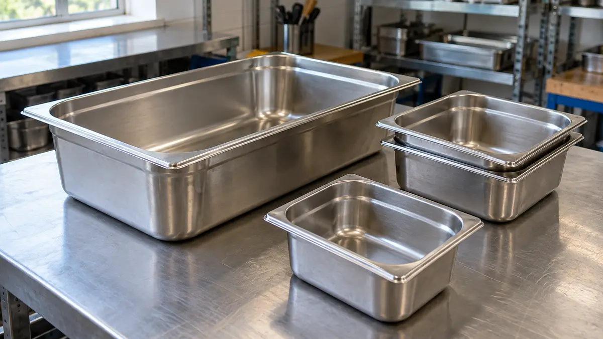 Illustrative image of gastronorm trays on a workshop surface.