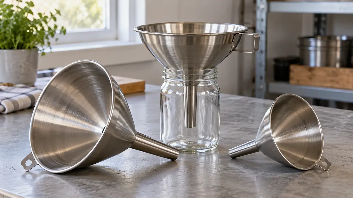 Illustrative image of stainless steel funnels on a workshop surface.