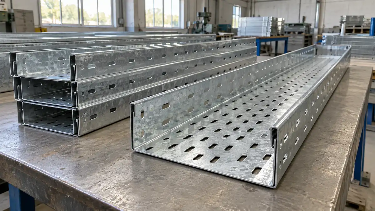 Illustrative image of steel cable trays on a workshop surface.