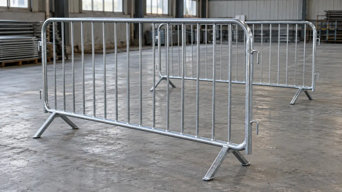 Illustrative image of steel crowd barriers on a workshop surface.