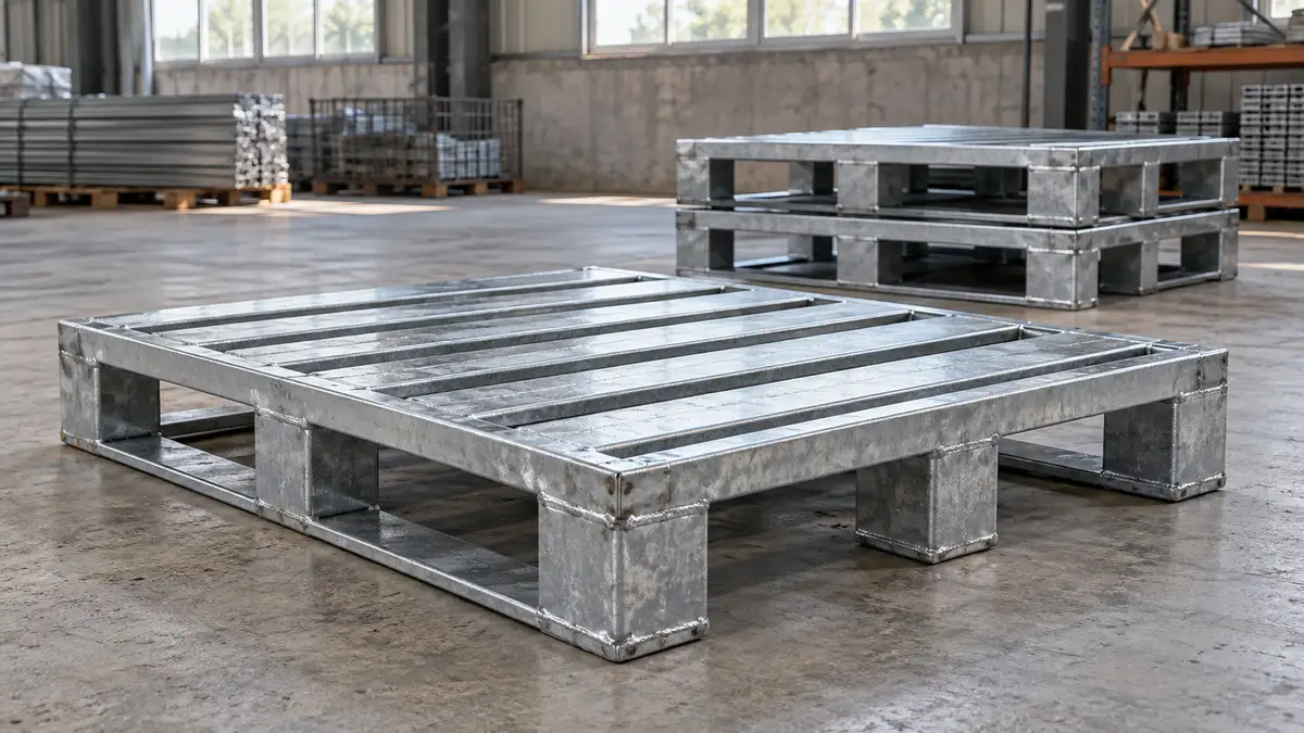 Illustrative image of steel pallets on a workshop surface.