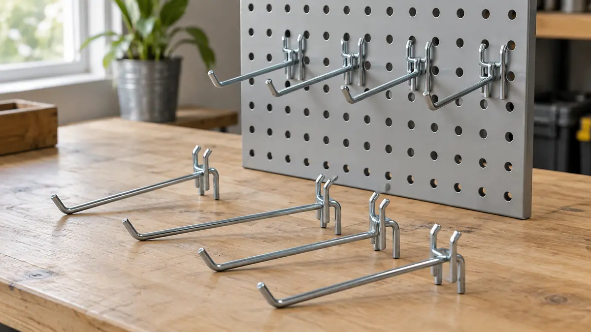 Illustrative image of steel pegboard display hooks on a workshop surface.