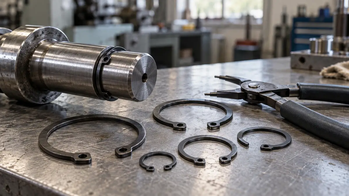 Illustrative image of steel retaining rings on a workshop surface.