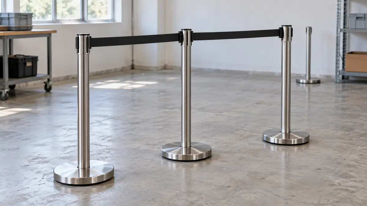 Illustrative image of steel belt queue barriers on a workshop surface.