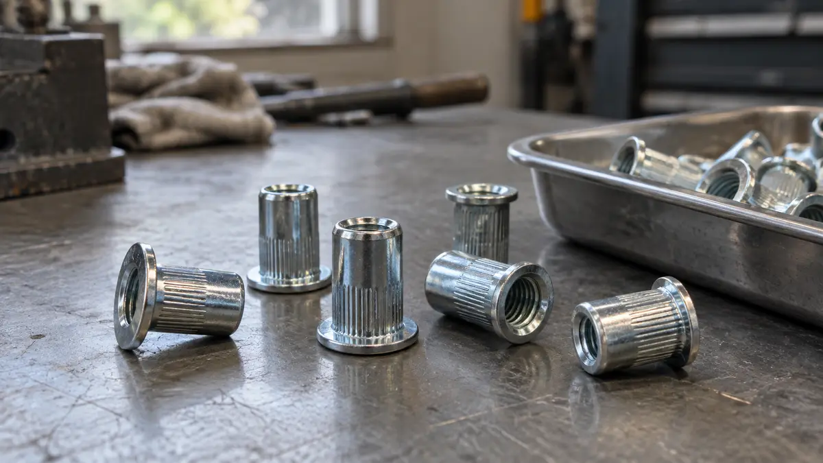 Illustrative image of steel rivet nuts on a workshop surface.