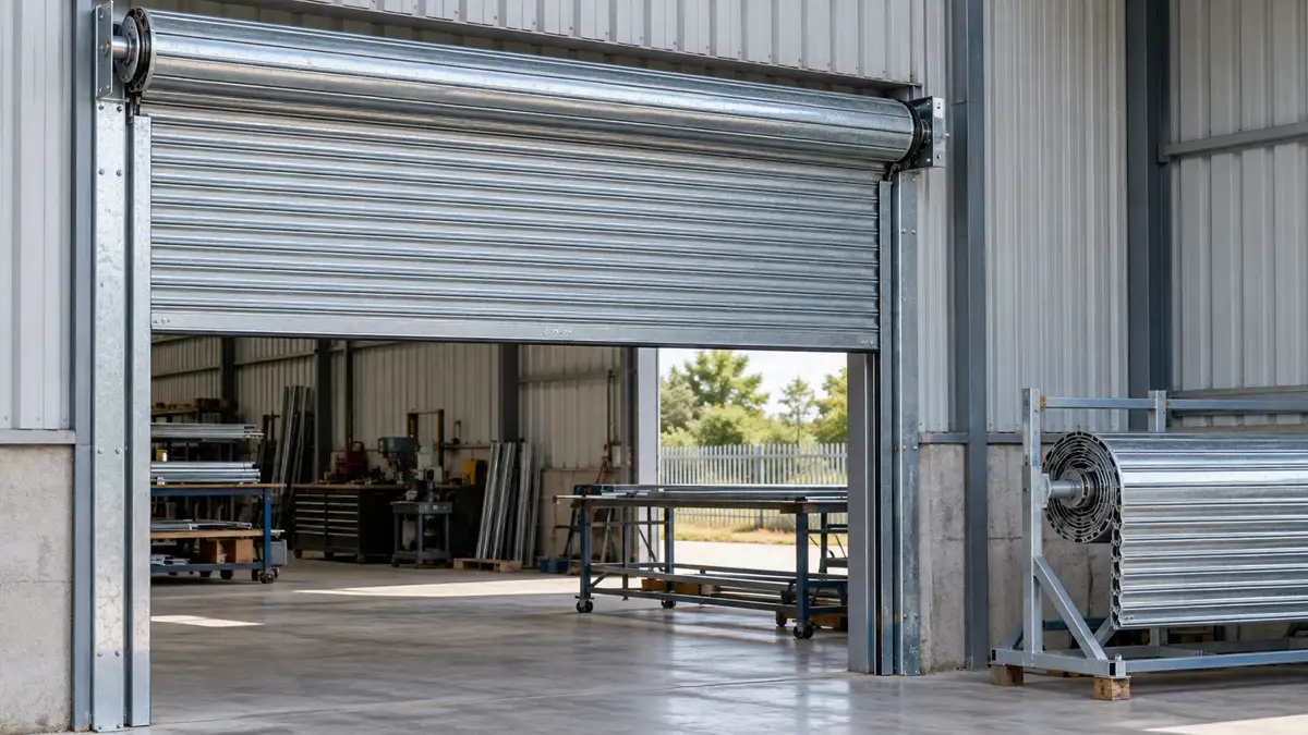 Illustrative image of steel roller shutter doors on a workshop surface.