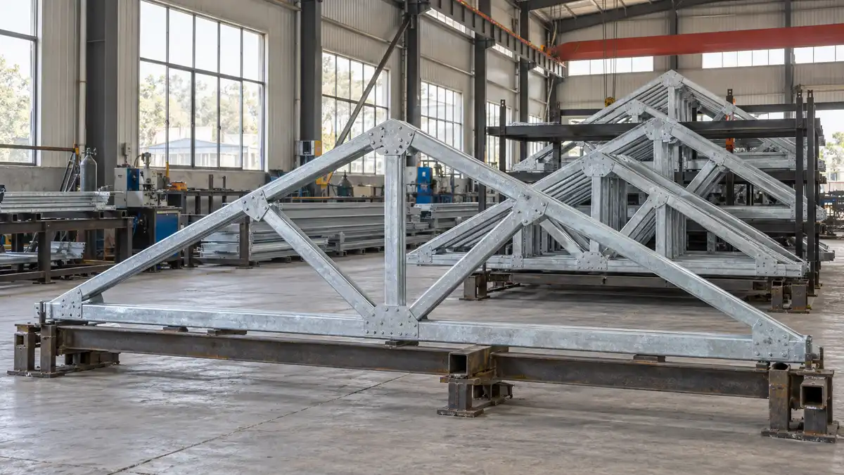 Illustrative image of steel roof trusses on a workshop surface.