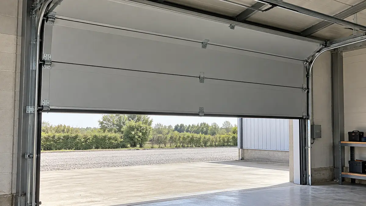 Illustrative image of steel garage doors on a workshop surface.