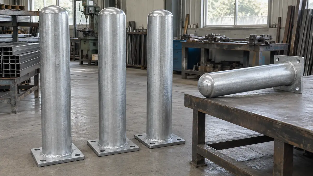 Illustrative image of steel security bollards on a workshop surface.