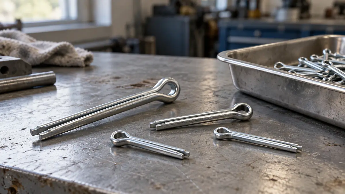 Illustrative image of steel split cotter pins on a workshop surface.