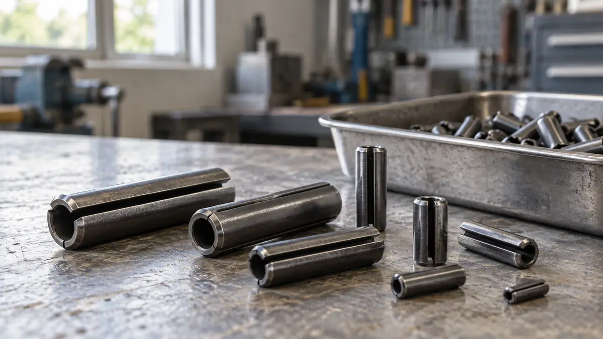 Illustrative image of steel spring pins on a workshop surface.