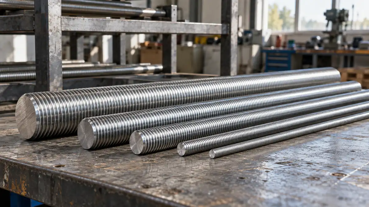 Illustrative image of steel threaded rods on a workshop surface.
