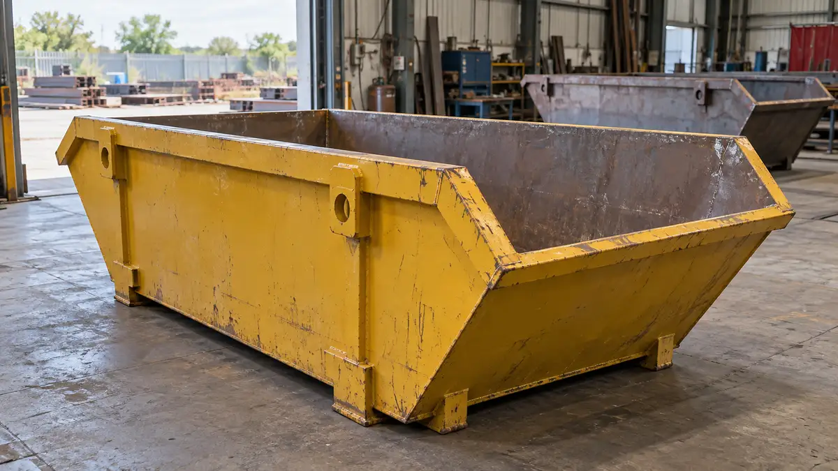 Illustrative image of steel waste skips on a workshop surface.