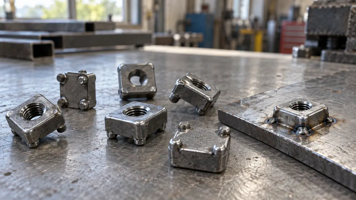 Illustrative image of steel weld nuts on a workshop surface.