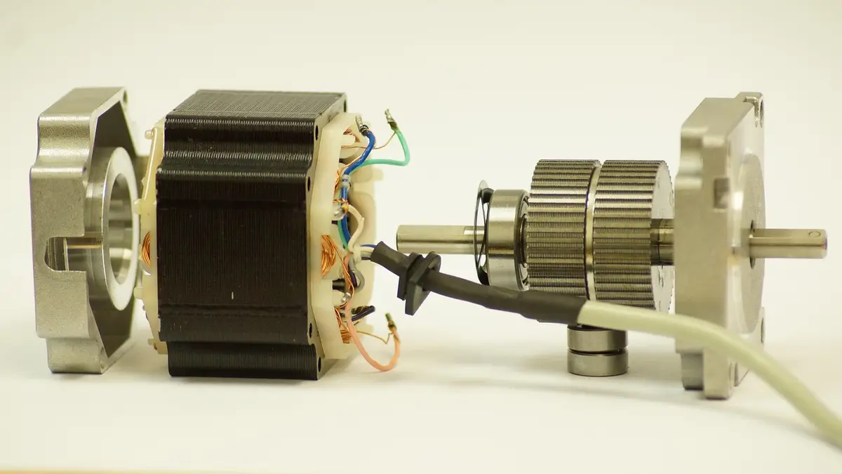 A disassembled stepper motor with a coil, shaft and bearing.
