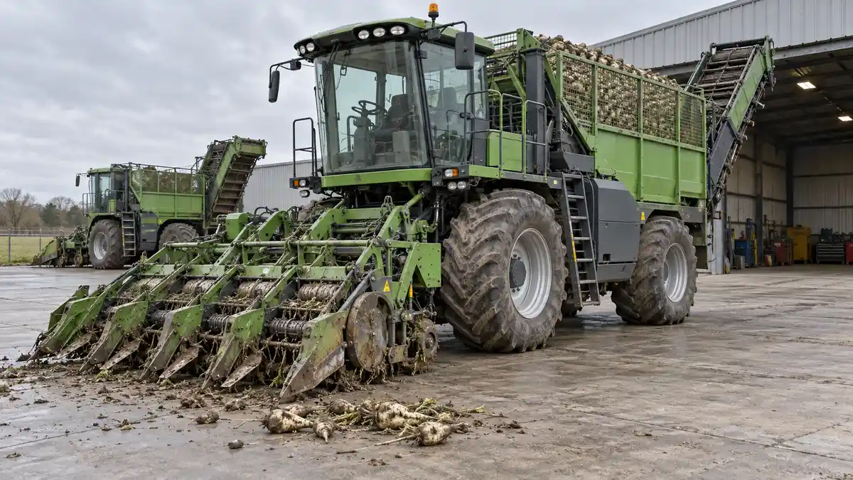 Illustrative image of sugar beet harvesters on a workshop surface.