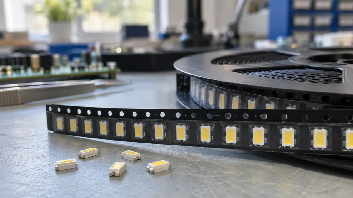 Illustrative image of surface-mount LED packages on a workshop surface.