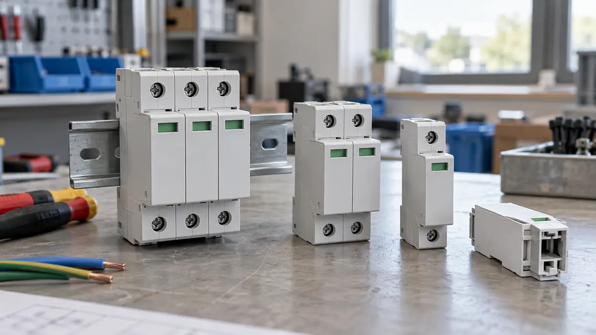 Illustrative image of surge protection devices on a workshop surface.