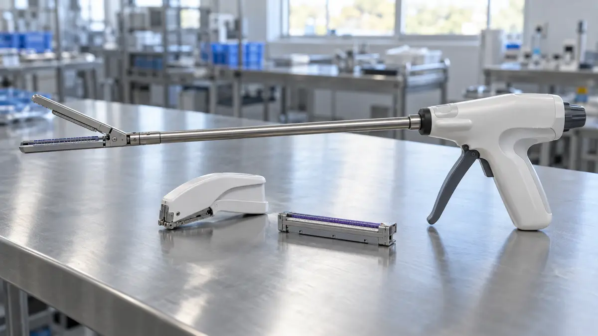 Illustrative image of surgical staplers on a workshop surface.