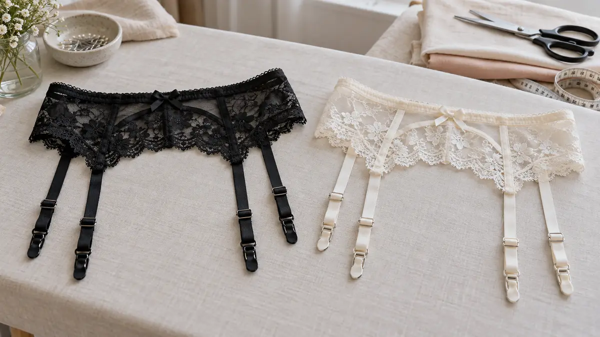 Illustrative image of suspender belts on a workshop surface.