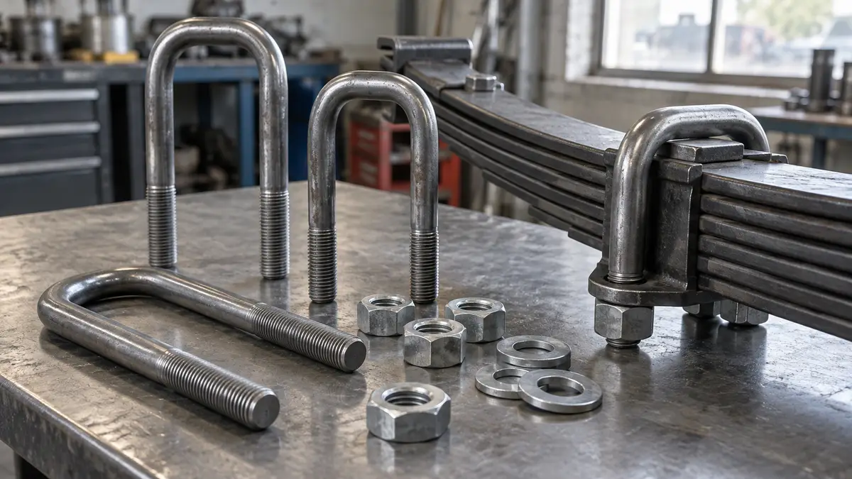 Illustrative image of suspension U-bolts on a workshop surface.