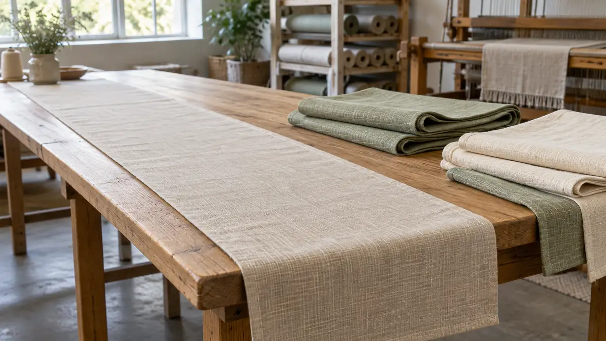 Illustrative image of table runners on a workshop surface.