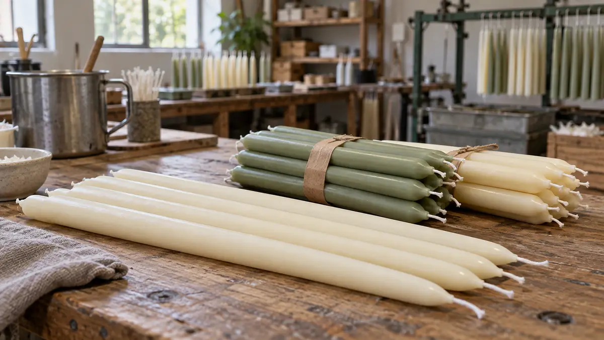 Illustrative image of taper candles on a workshop surface.
