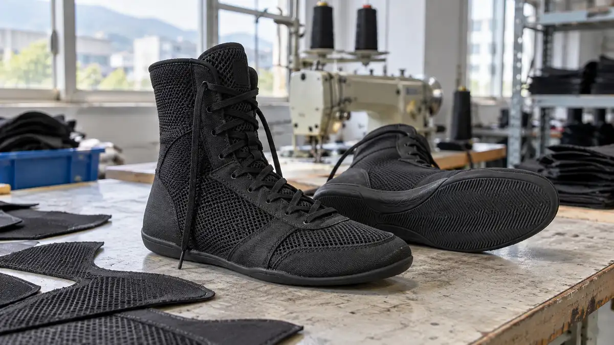 Illustrative image of textile boxing boots on a workshop surface.