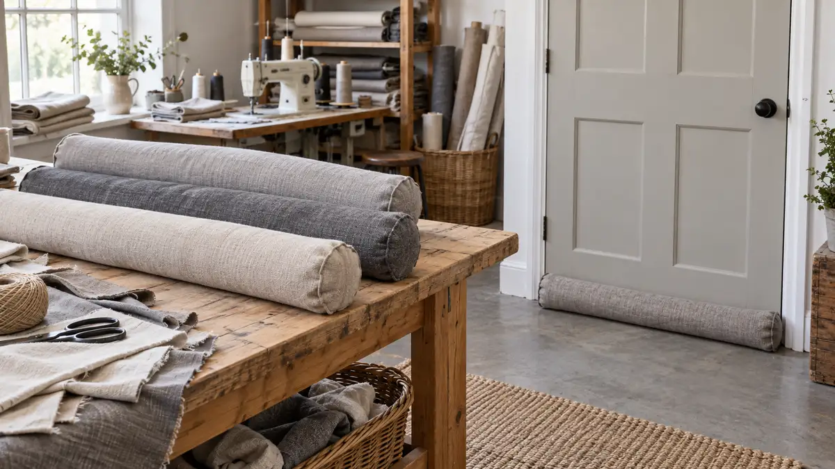 Illustrative image of door draught excluders on a workshop surface.