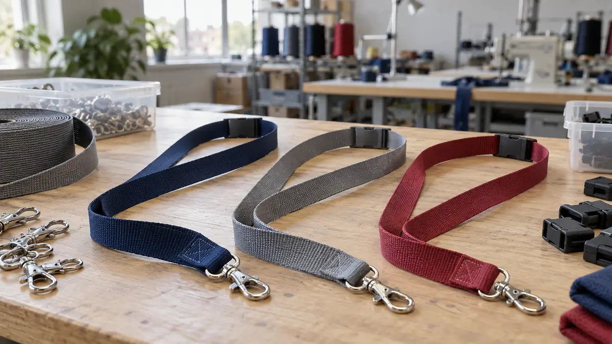 Illustrative image of textile lanyards on a workshop surface.