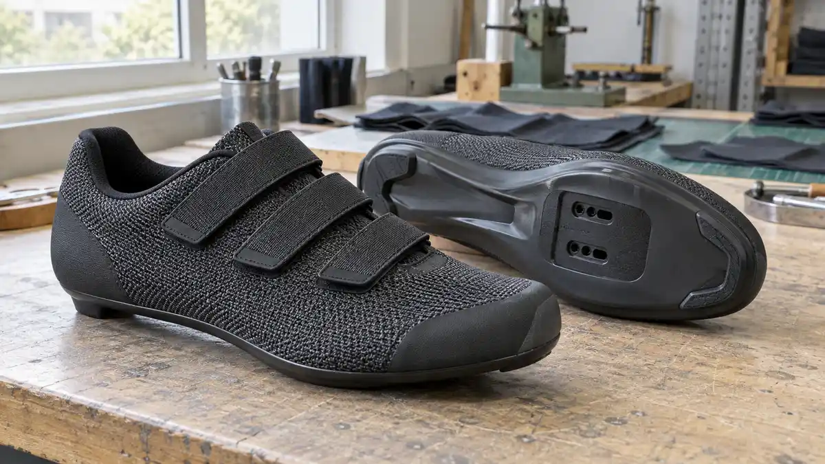 Illustrative image of textile cycling shoes on a workshop surface.