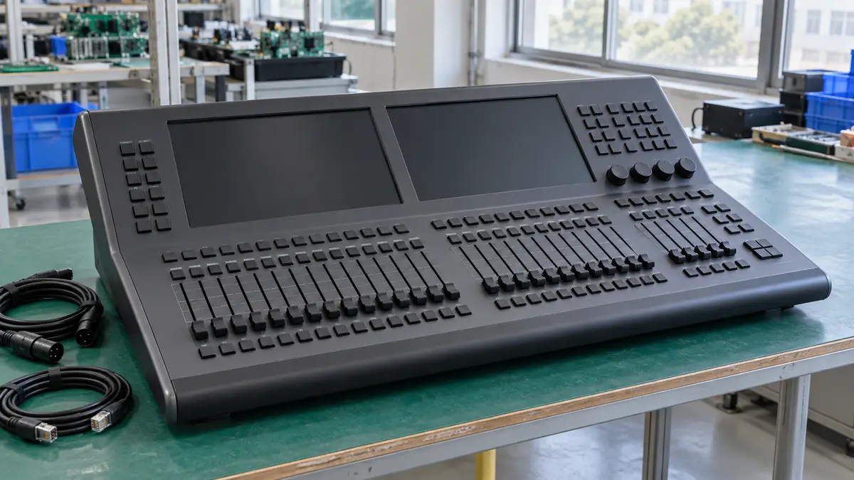 Illustrative image of theatre lighting desks on a workshop surface.