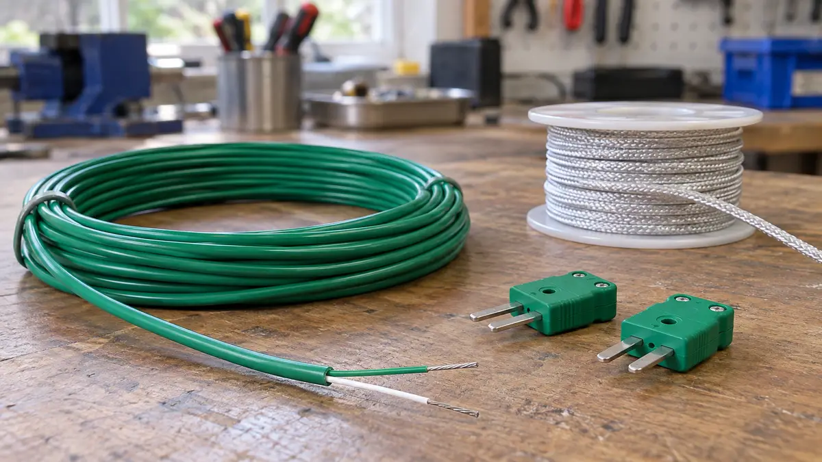 Illustrative image of thermocouple extension cables on a workshop surface.