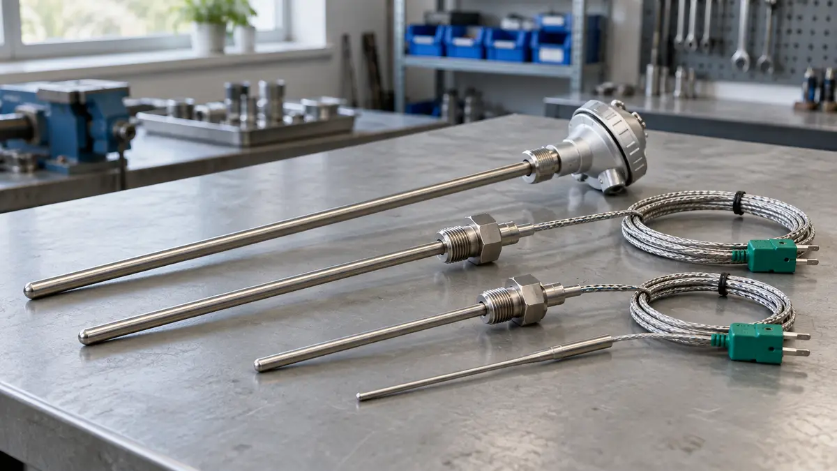 Illustrative image of thermocouple probes on a workshop surface.