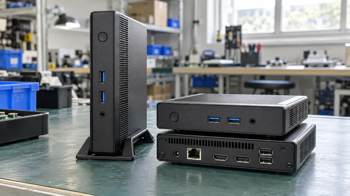 Illustrative image of thin clients on a workshop surface.