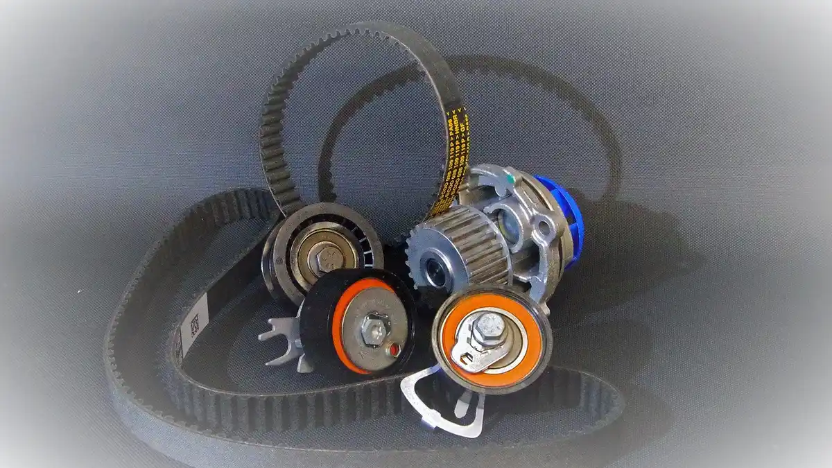 A timing belt in a car engine.