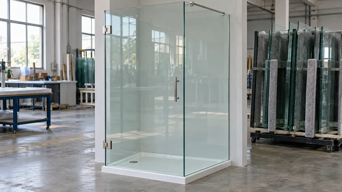 Illustrative image of toughened shower screens on a workshop surface.