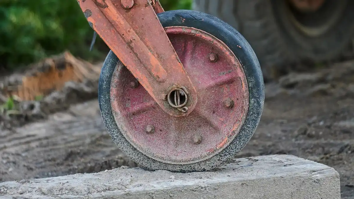 A jockey wheel on a drawbar in a field.