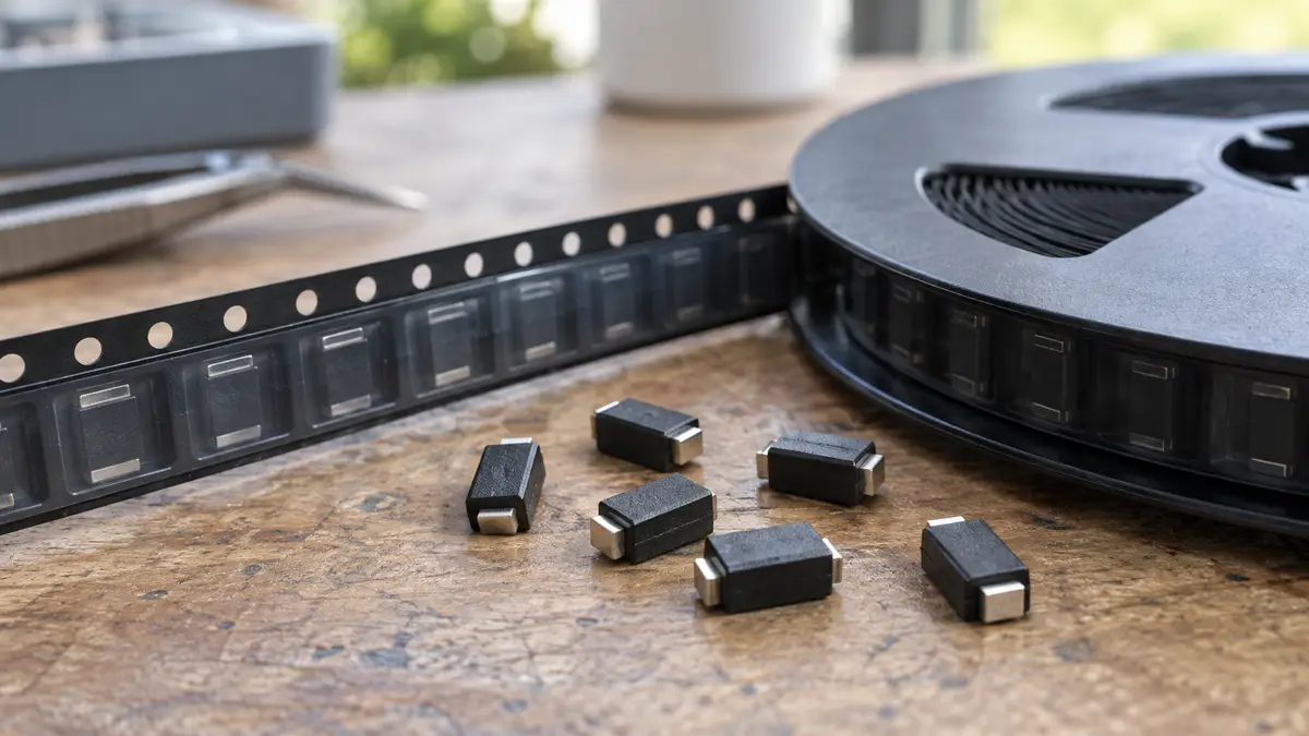 Illustrative image of TVS diodes on a workshop surface.