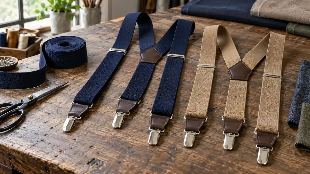 Illustrative image of trouser braces on a workshop surface.